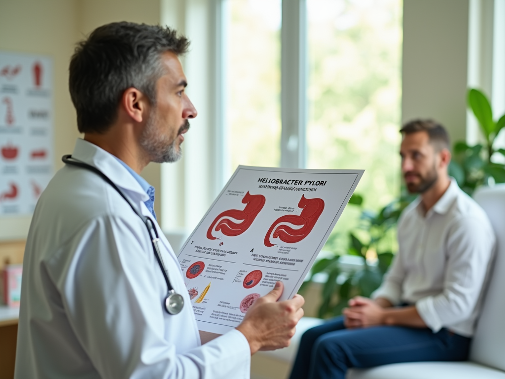 Врач объясняет пациенту информацию о Helicobacter pylori с помощью наглядного материала.
